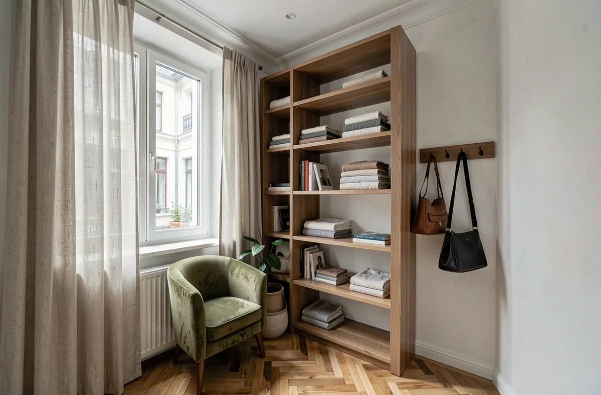Coin lecture et dressing multifonction dans une petite chambre parentale de 15m2 bien aménagée