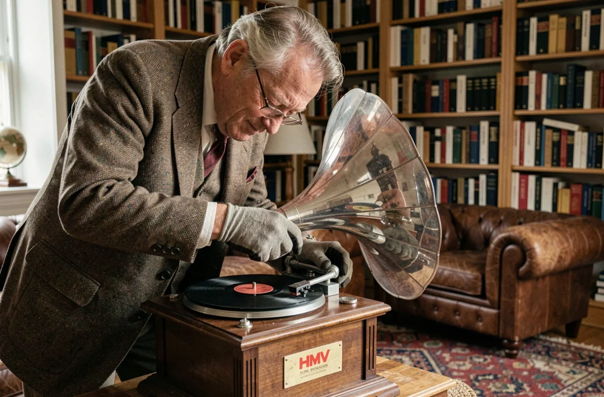 Collectionneur âgé en veste tweed inspectant un gramophone HMV à pavillon nickelé dans une bibliothèque privée