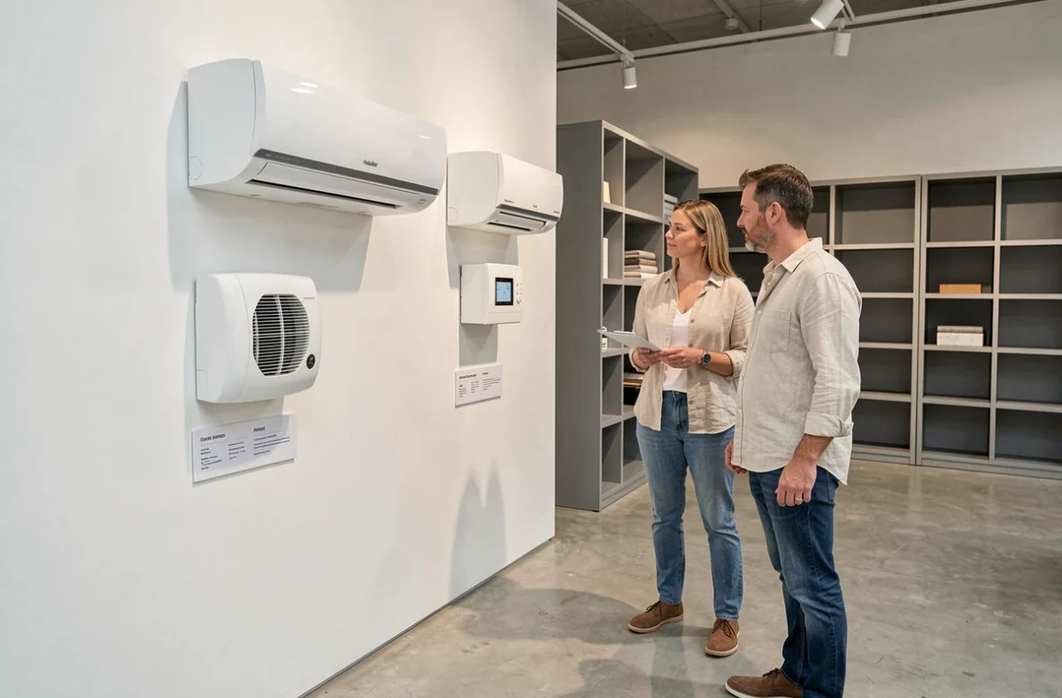 Couple comparant une unité de climatisation et un thermostat de pompe à chaleur dans un showroom de matériel de chauffage en France