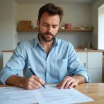 Homme comparant plusieurs devis de rénovation sur une table en bois dans une cuisine en cours de travaux