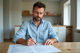Homme comparant plusieurs devis de rénovation sur une table en bois dans une cuisine en cours de travaux