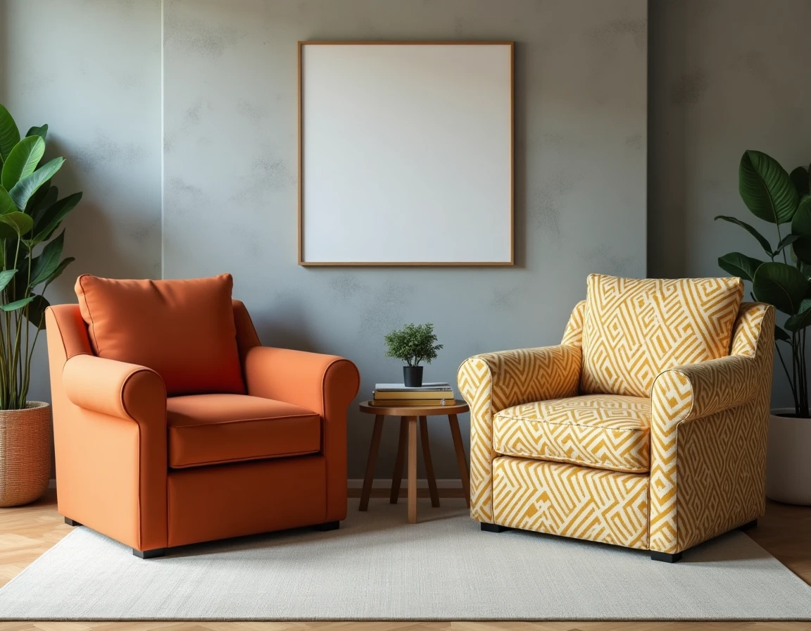 Comparaison housse fauteuil unie terracotta et housse imprimée géométrique dans salon moderne
