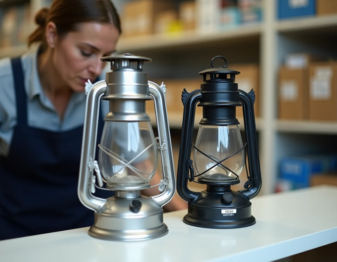 Comparaison de lampes à pétrole avec étiquettes de prix dans un magasin de bricolage