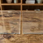 Comparaison de deux épaisseurs de nappe cristal sur une table en chêne, montrant la protection du bois