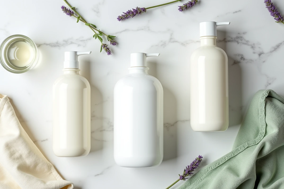 Comparatif de bouteilles de lessive liquide écologique avec labels Ecocert et EU Ecolabel sur marbre blanc
