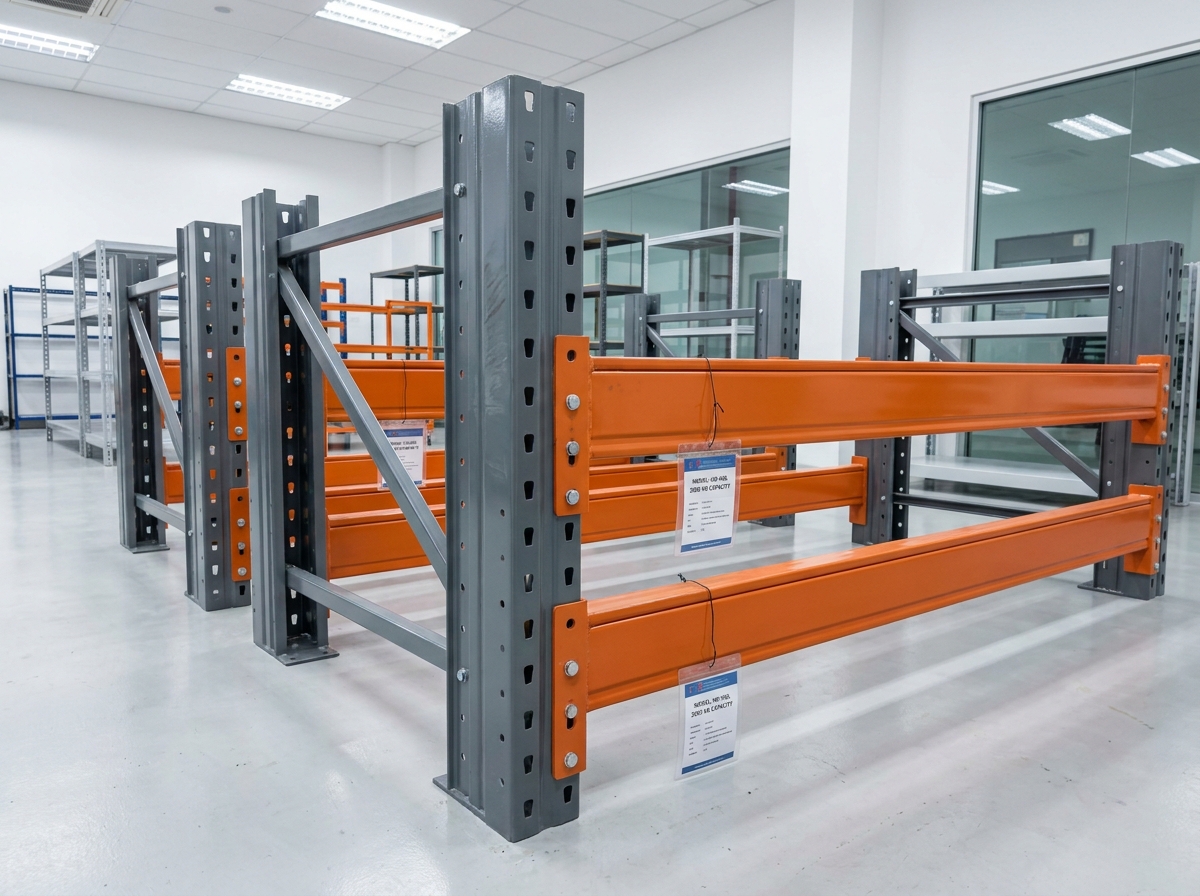 Détail de composants de racks industriels en acier exposés dans un showroom de rayonnage professionnel