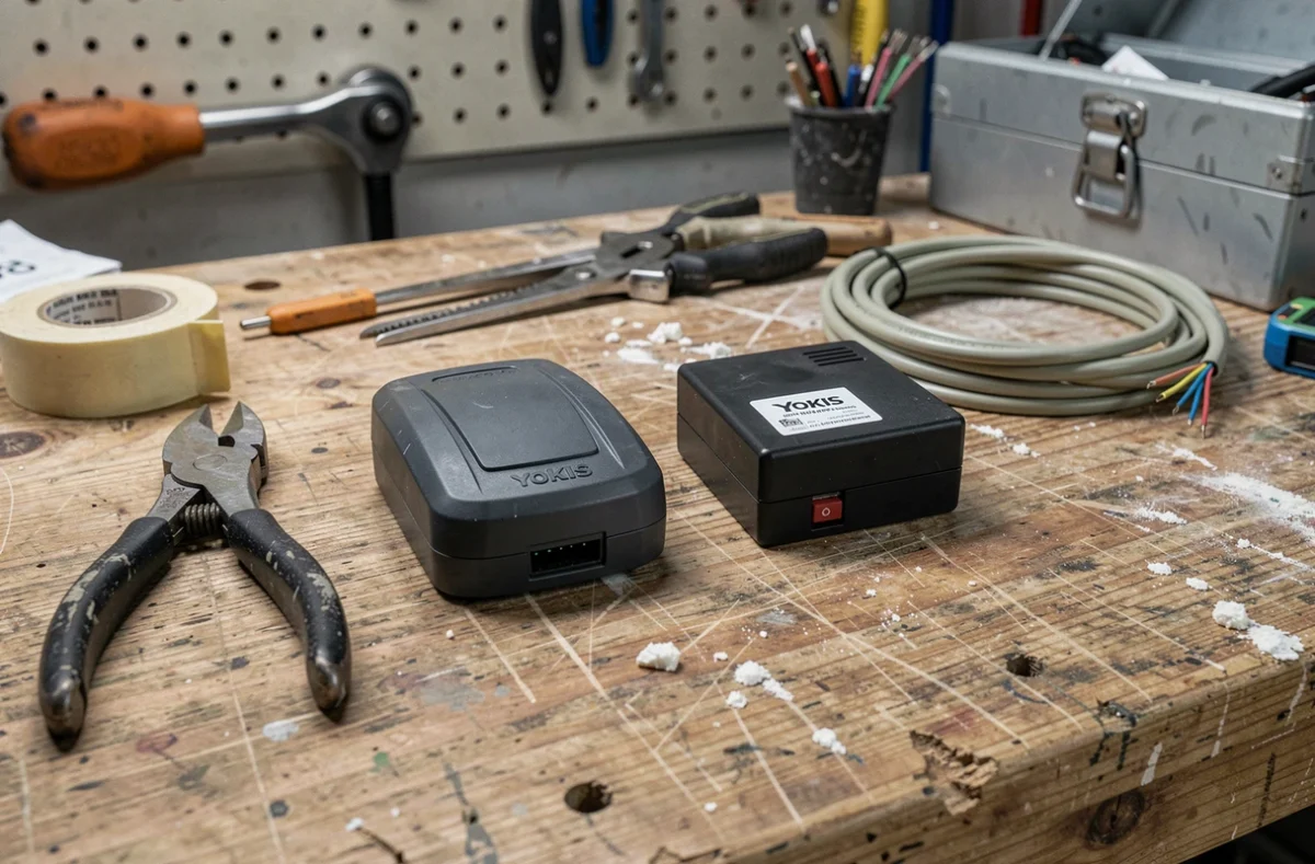 Gros plan sur les composants Yokis va-et-vient sans fil posés sur un établi d'électricien avec outils de câblage lors d'une rénovation