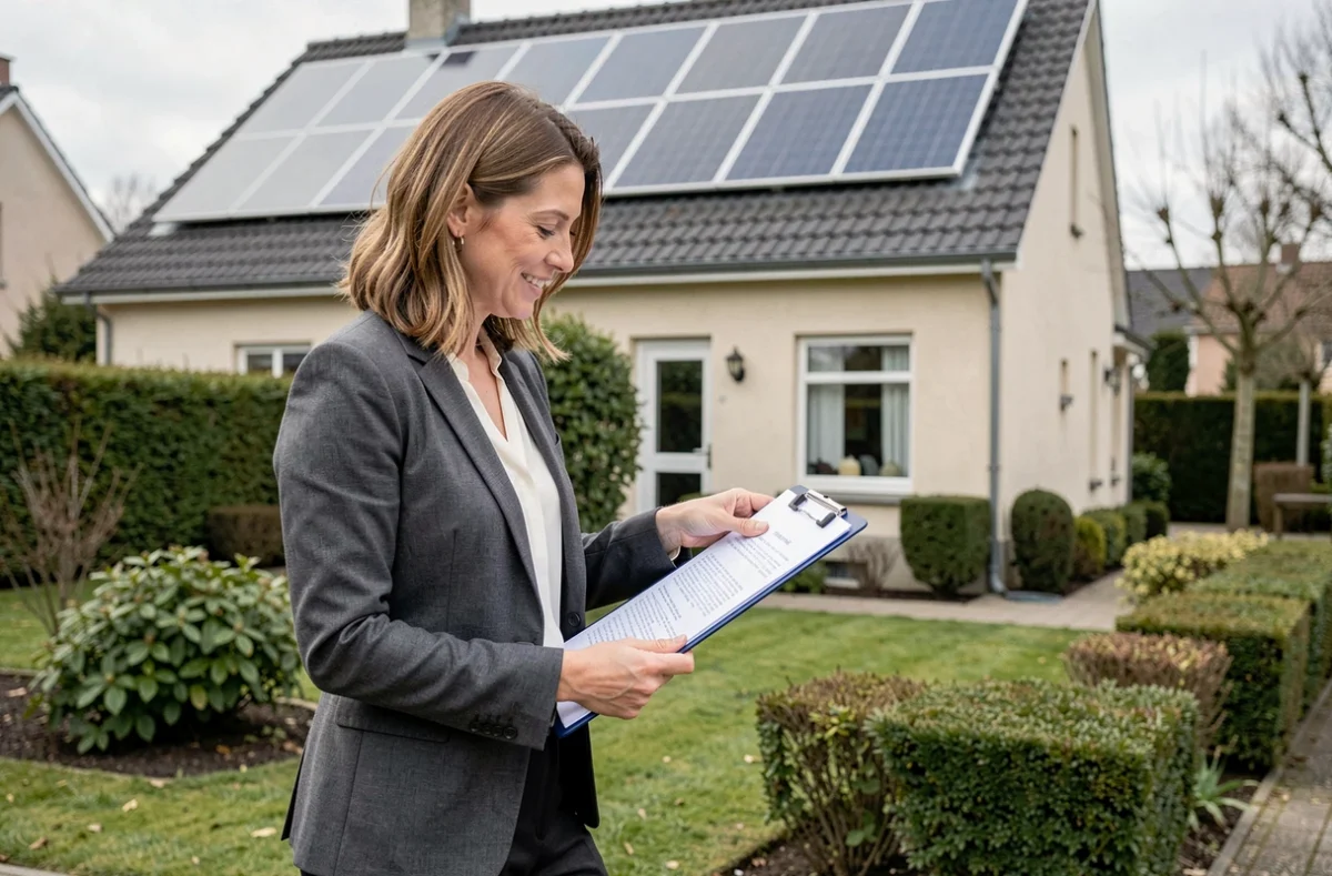 Conseillère en énergie solaire présentant un devis d'installation de panneaux photovoltaïques devant une maison à Nancy