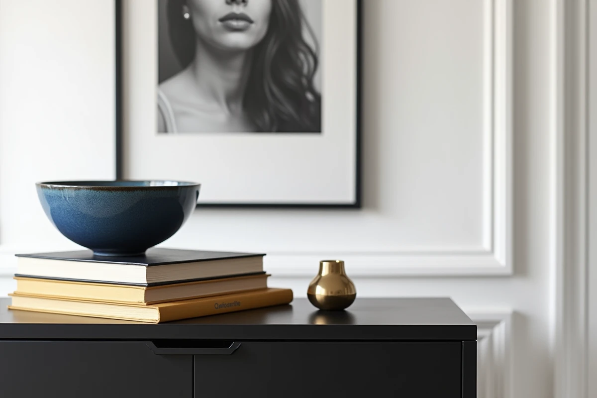 Vignette décorative sur console noire laquée avec bol en céramique bleu cobalt, livres jaune moutarde et figurine en laiton doré dans un salon noir et blanc
