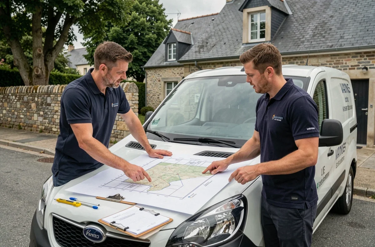 Consultants en énergie solaire examinant les plans d'installation de panneaux à Vannes