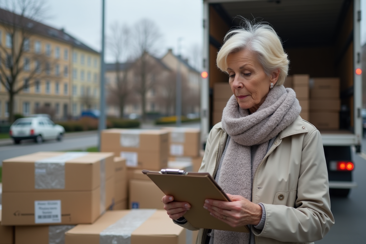 Femme vérifiant un camion de déménagement en ville