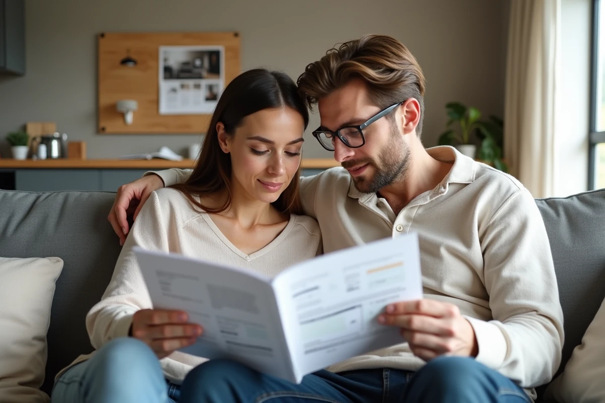 Couple examinant ensemble un devis de décoration intérieure assis dans un appartement contemporain avec planche tendance accrochée au mur en arrière-plan