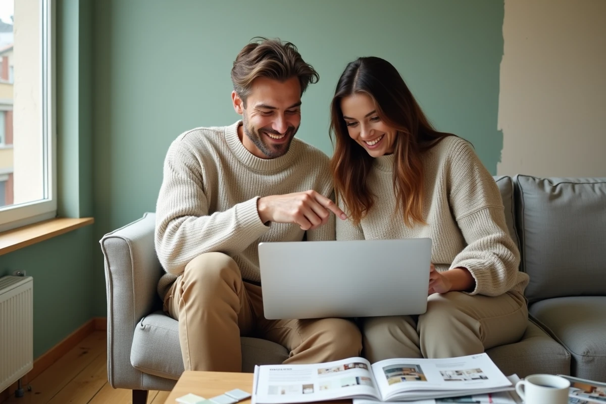 Couple planifiant un projet de décoration intérieure maison avec magazines, nuancier de peinture et ordinateur portable