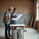 Couple d'adultes devant un salon en rénovation avec plans