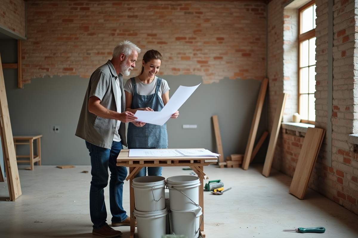 Couple d'adultes devant un salon en rénovation avec plans