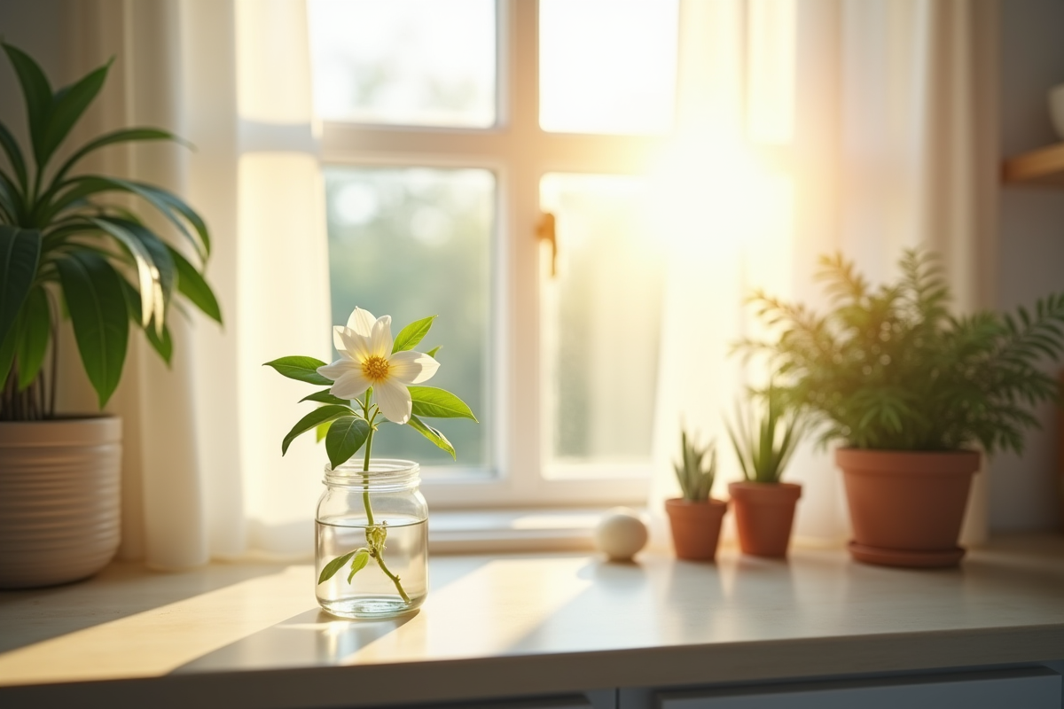 Fenêtre de cuisine avec jasmin en pot sous la lumière du soleil