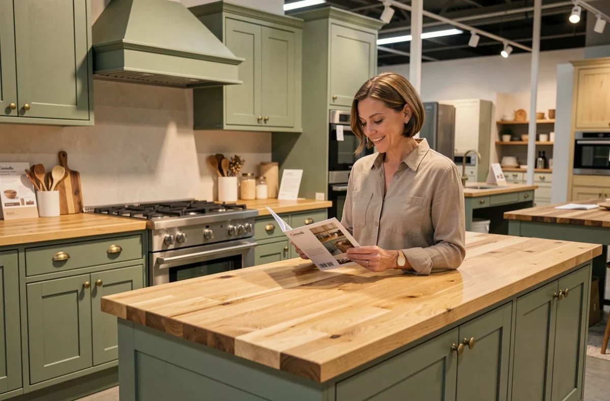 Conseillère Cuisinella devant une cuisine verte style shaker dans le showroom de Beaucouzé
