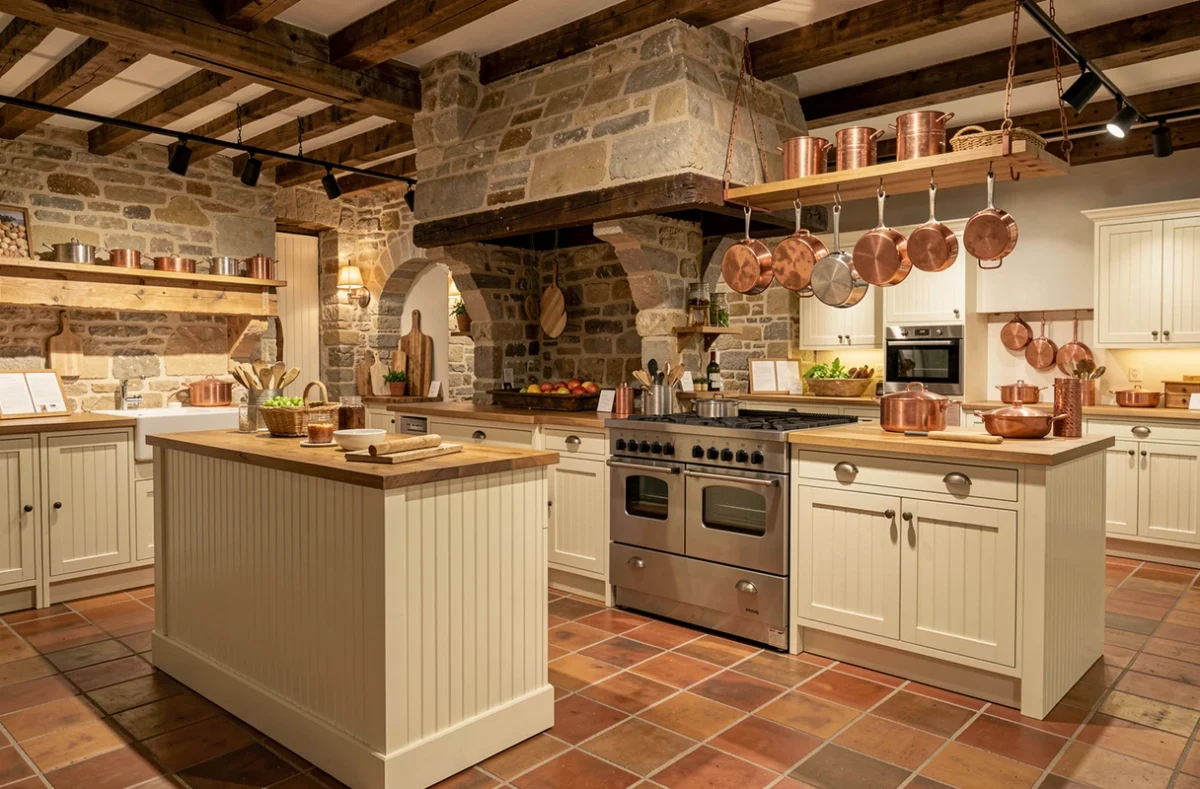 Cuisine de style provençal crème et carrelage tomette dans le showroom Cuisines de France à Longuenée-en-Anjou