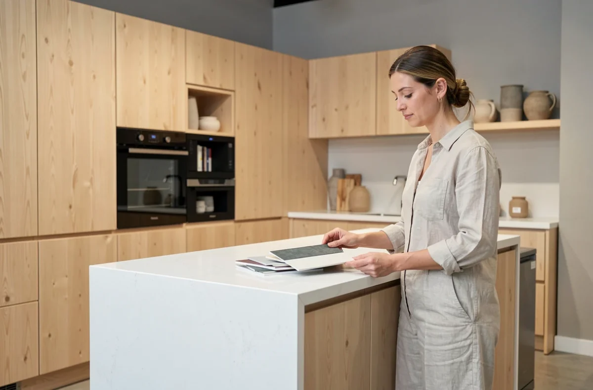 Consultante DARIZ devant une cuisine scandinave en bouleau et quartz blanc dans le showroom du Lion-d'Angers