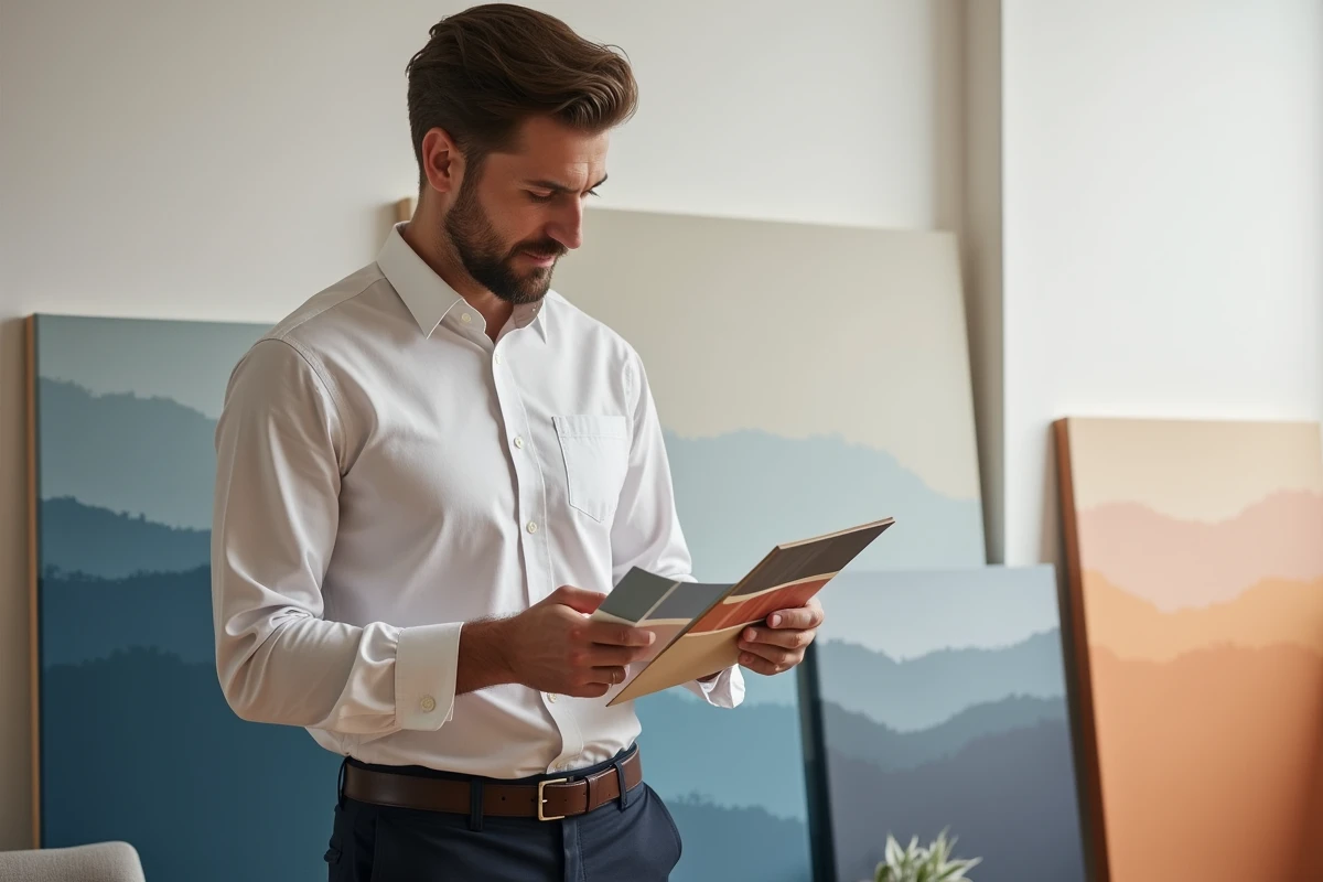 Décorateur d'intérieur comparant des échantillons de couleur devant des tableaux personnalisés dans un showroom