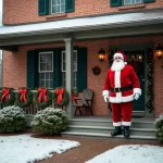 Décoration extérieure de Noël avec père Noël grandeur nature devant une maison en brique
