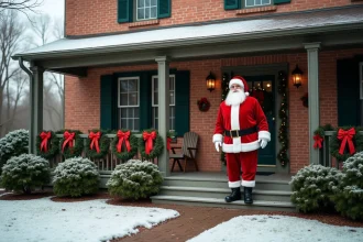 Décoration extérieure de Noël avec père Noël grandeur nature devant une maison en brique
