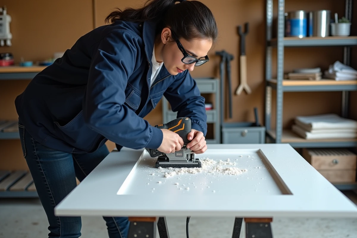 Femme découpant une ouverture dans une porte PVC posée sur des tréteaux pour installer une chatière, atelier bricolage