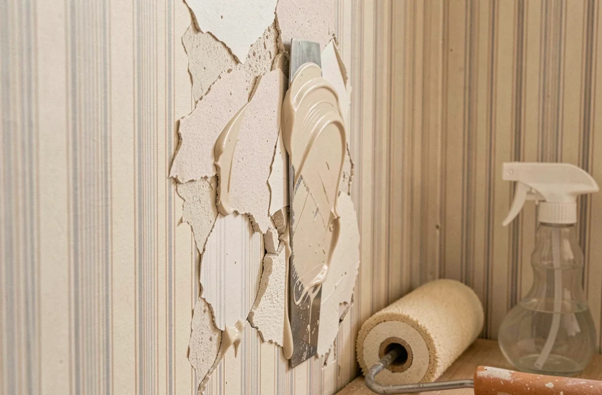 Gros plan sur un mur de chambre endommagé par un décapage de papier peint sans trempage préalable, erreur classique laissant des résidus de colle
