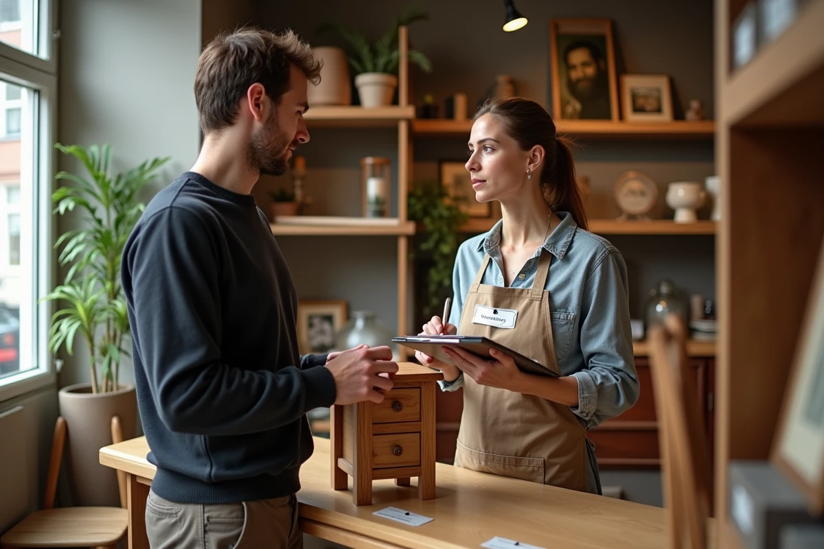 Homme déposant un meuble vintage dans un dépôt-vente à Caen, accompagné d'une vendeuse qui enregistre l'article
