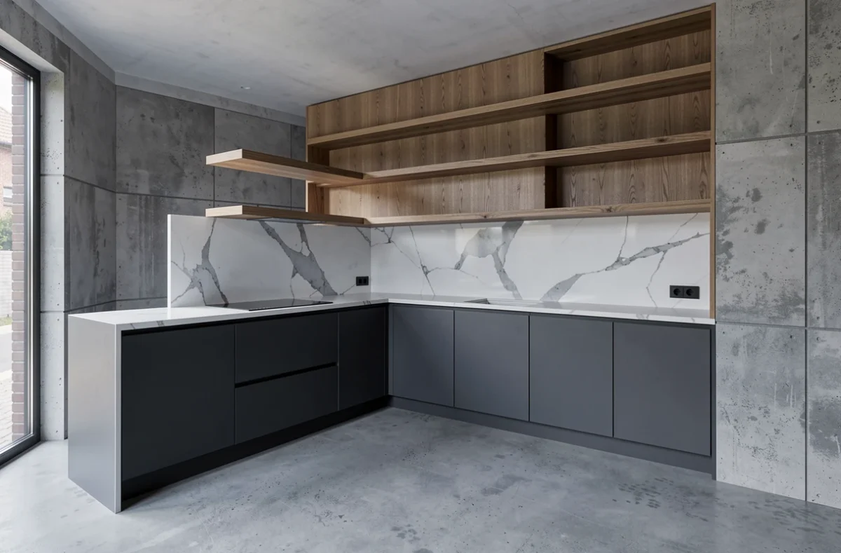 Cuisine sur-mesure gris anthracite et chêne dans le studio Design et Fonction à Angers