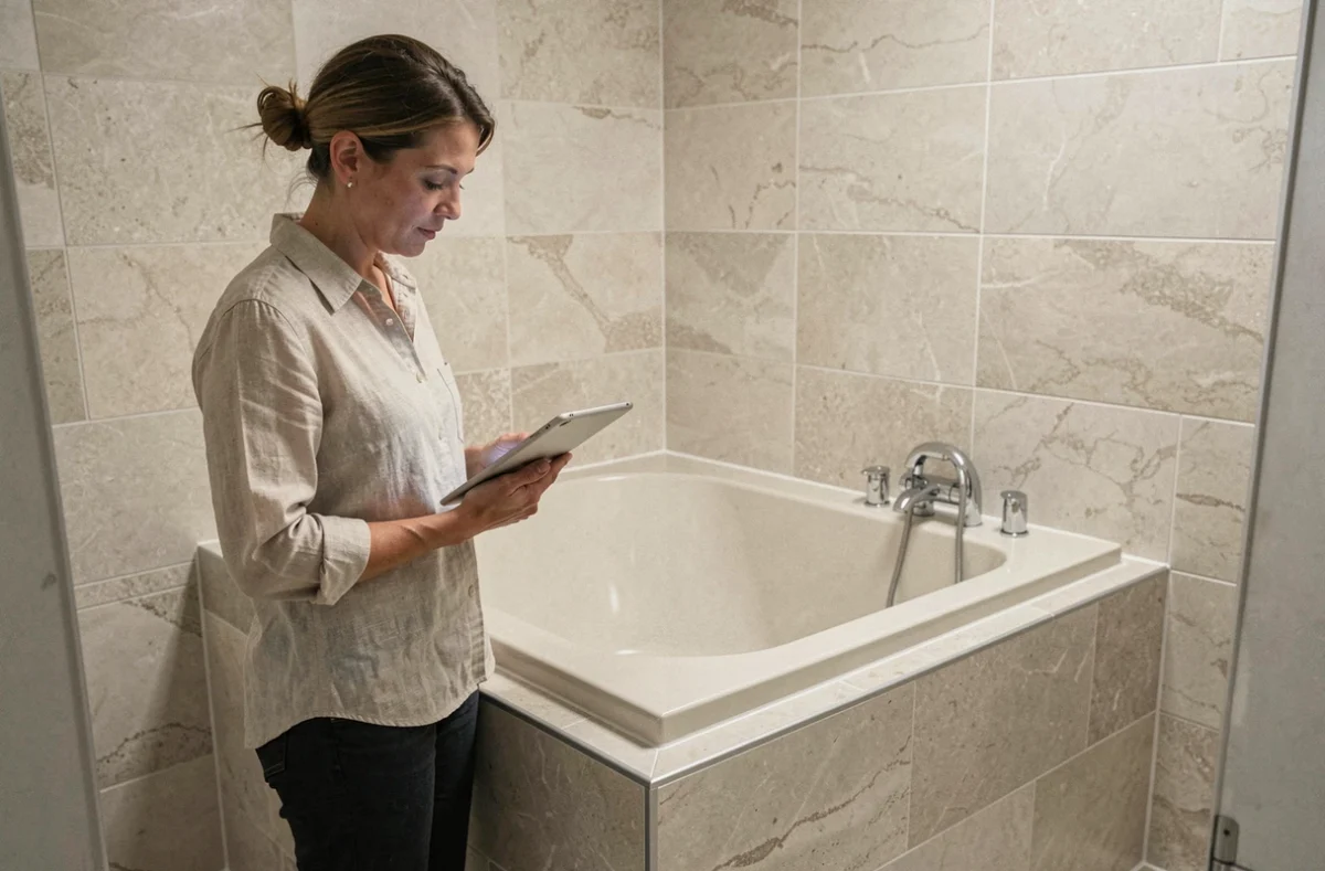 Designer d'intérieur évaluant une baignoire d'angle encastrée dans une petite salle de bain en rénovation avec carrelage grand format