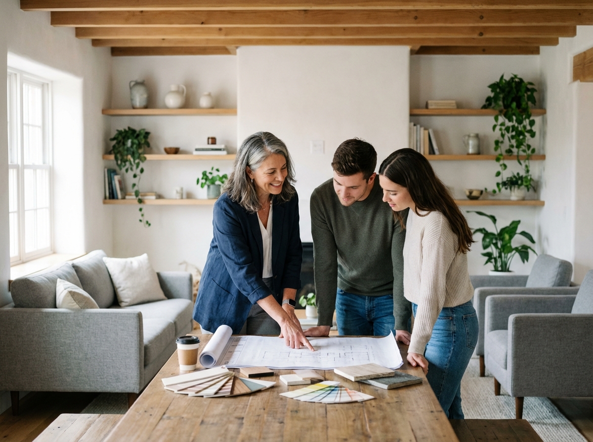 designer d interieur montrant plans renovation a un couple