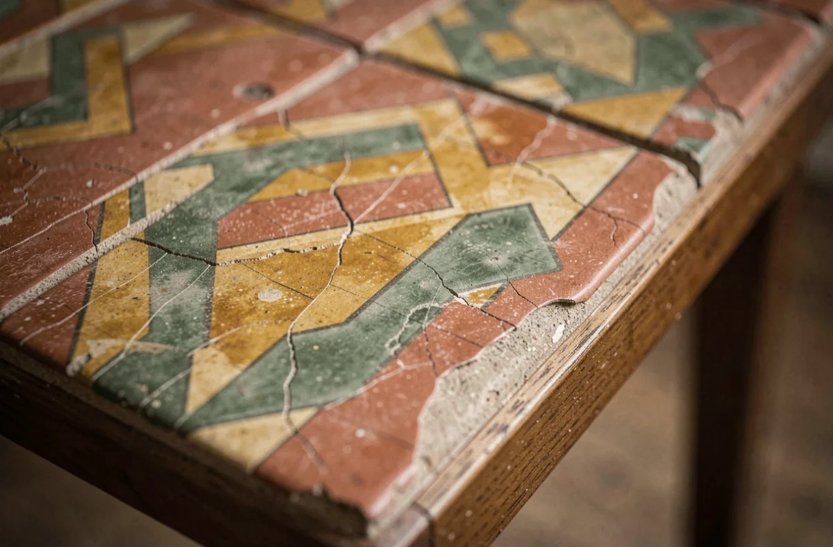 Gros plan sur le plateau en céramique d'occasion d'une table basse de style Capron, révélant la patine, les craquelures et les motifs géométriques peints à la main
