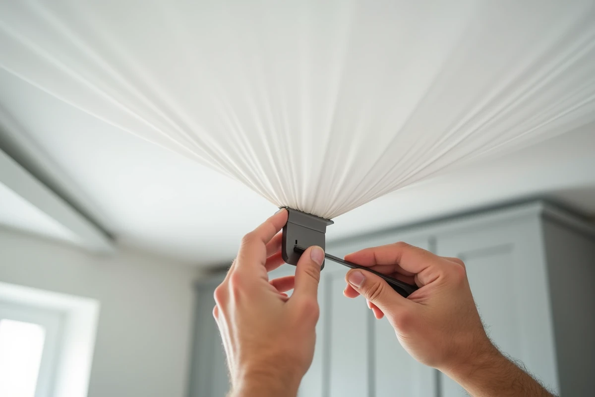 Gros plan sur la finition d'un plafond tendu avec rail aluminium dans une cuisine moderne
