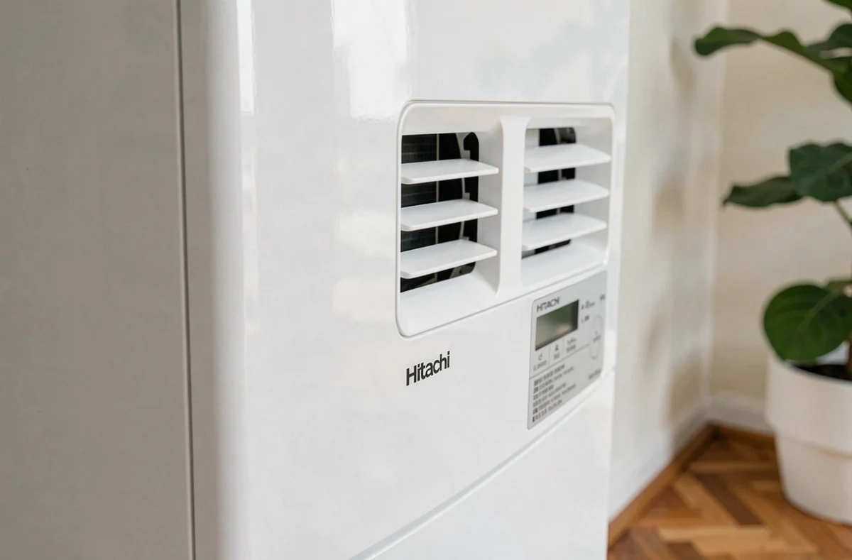 Gros plan sur les détails du panneau de commande et des ventelles d'une pompe à chaleur air-air Hitachi