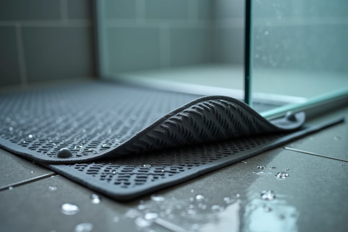 Gros plan sur les ventouses antidérapantes d'un tapis de douche en gris anthracite sur carrelage mouillé d'une douche à l'italienne