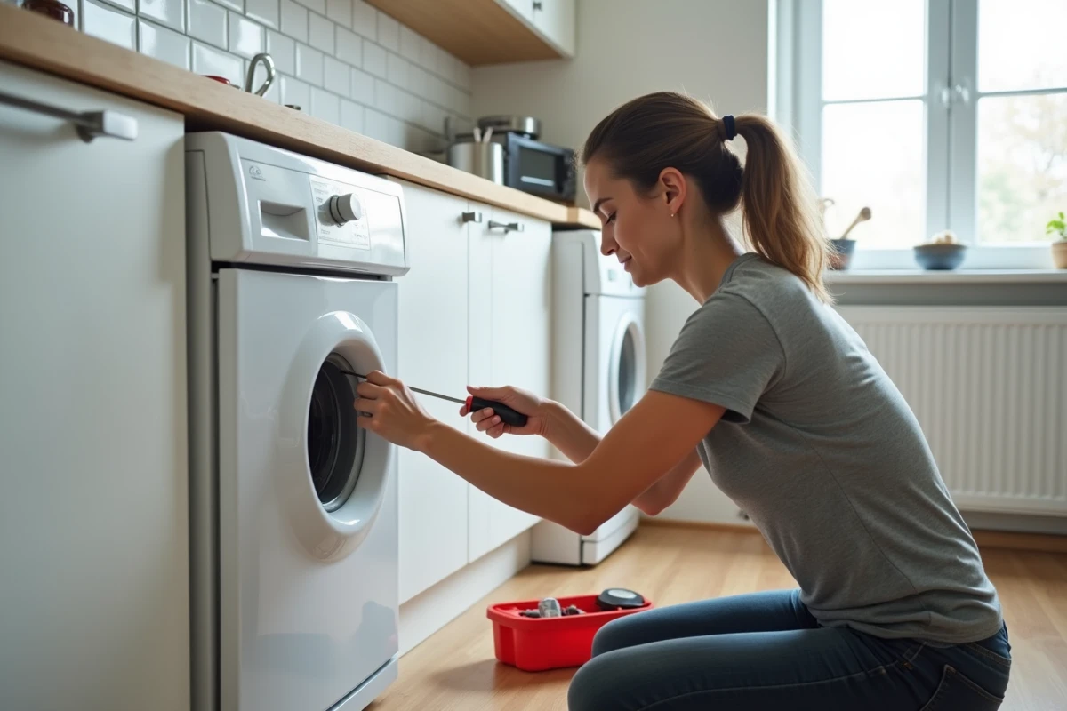 Femme dévissant un appareil électroménager dans une cuisine moderne avec un tournevis