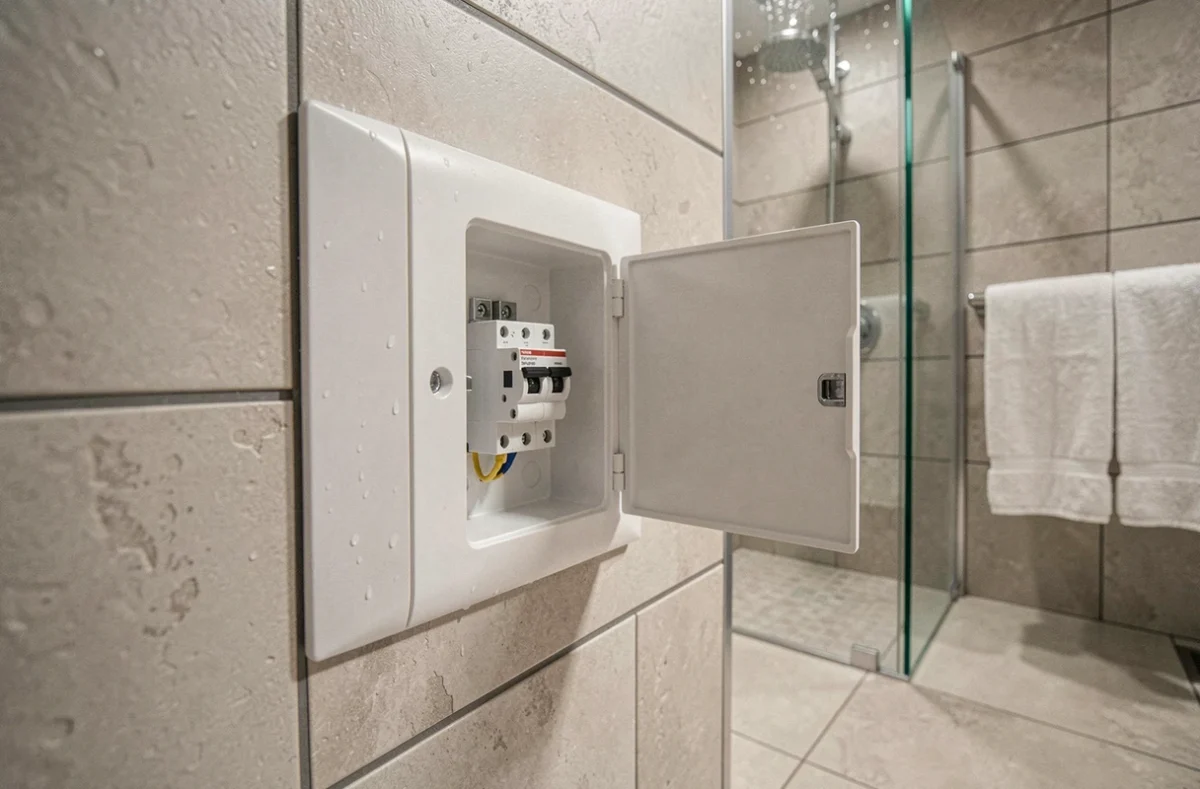 Prise électrique et disjoncteur différentiel de type AC dans une salle de bain moderne avec douche à l'italienne