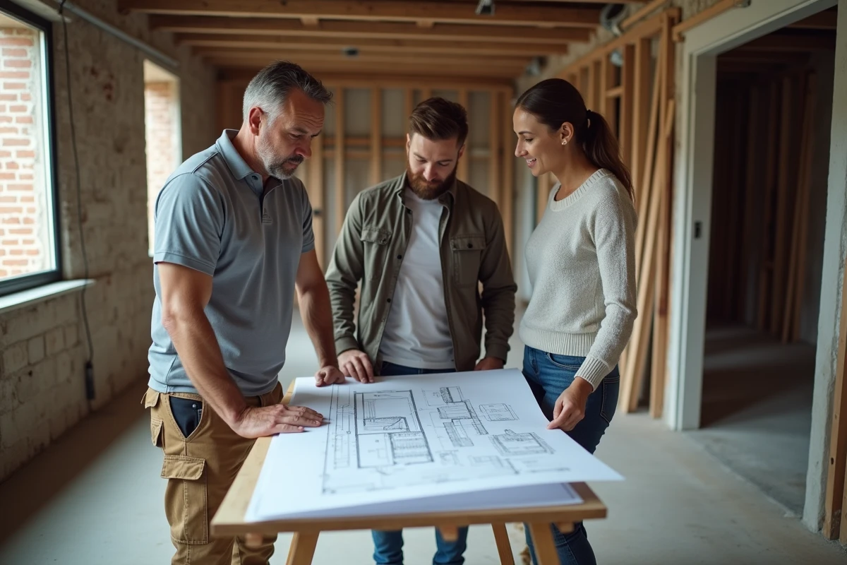Entrepreneur et couple de propriétaires discutant d'un devis autour de plans dans une maison en rénovation