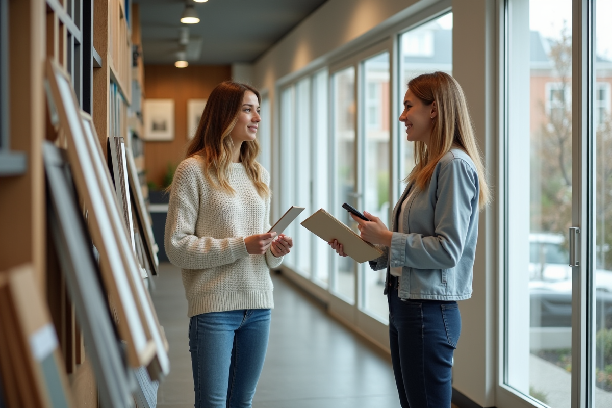 Femme discutant avec un professionnel devant des echantillons de fenetre