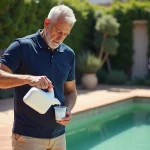 Homme versant une dose d'eau de javel mesurée au bord d'une piscine à l'eau verte dans un jardin