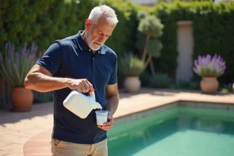 Homme versant une dose d'eau de javel mesurée au bord d'une piscine à l'eau verte dans un jardin