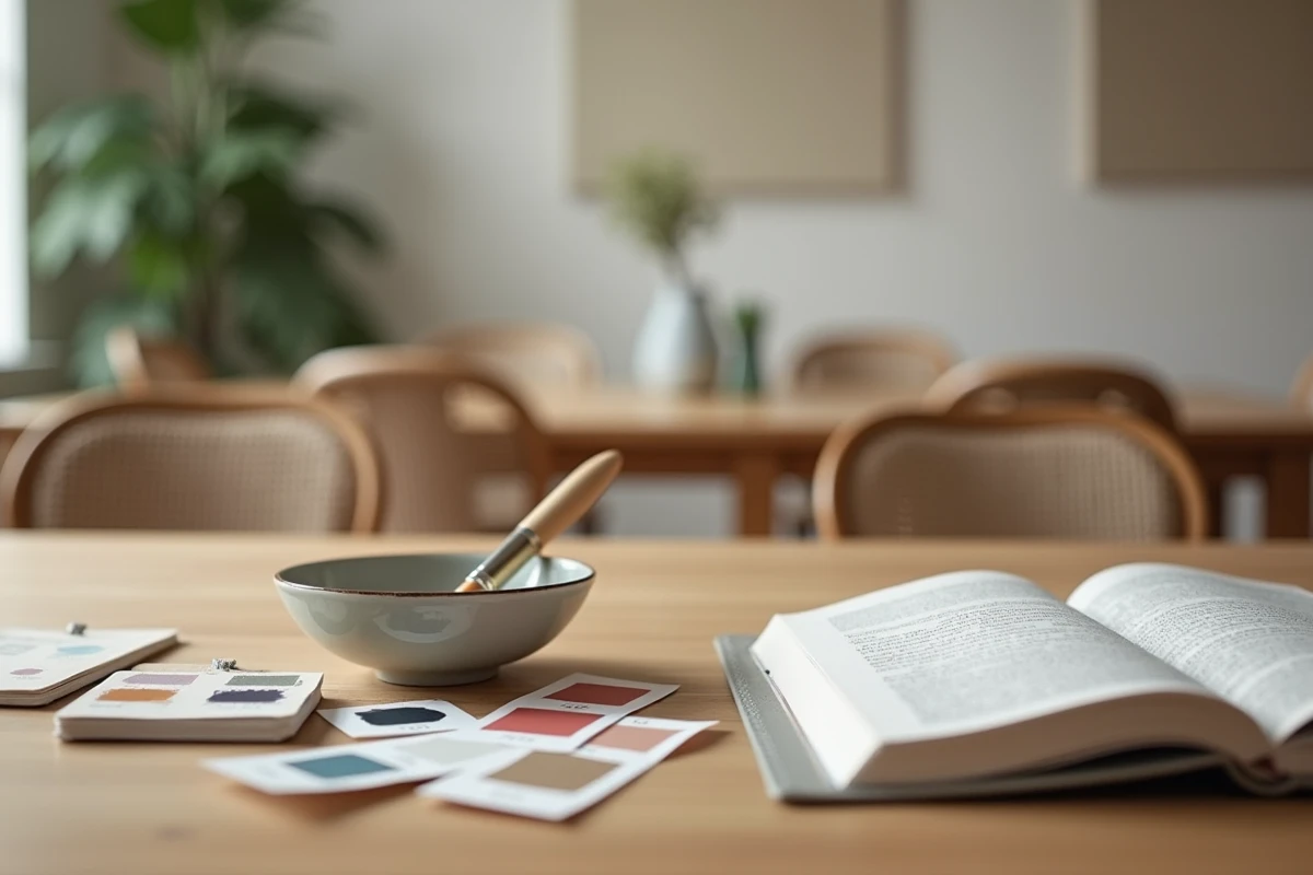 Échantillons de peinture, pinceaux et notes disposés sur une table en bois pour choisir la bonne couleur de salle à manger