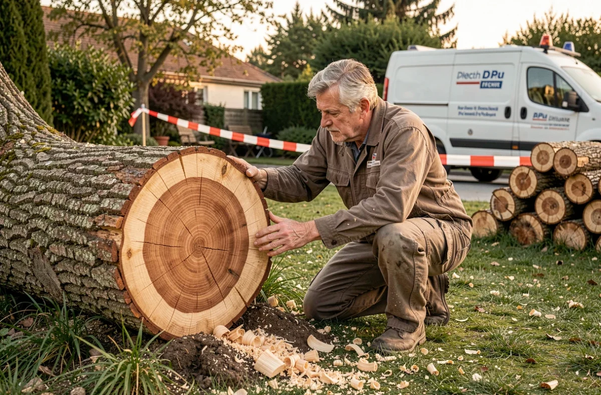 Élagueur inspectant la souche d'un arbre coupé dans un jardin résidentiel à Pau
