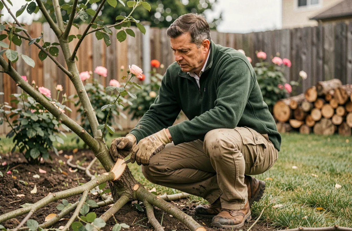 Élagueur inspectant des coupes récentes sur un arbre fruitier après une intervention dans un jardin résidentiel