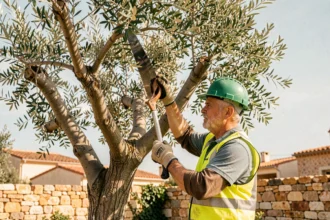 Élagueur professionnel taillant un olivier dans un jardin provençal à Marignane avec équipements de sécurité