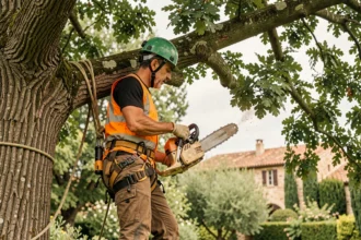 Élagueur professionnel équipé d'un harnais travaillant en hauteur dans un chêne à Albi