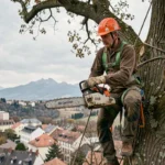 Élagueur professionnel en hauteur dans un arbre à Pau avec équipement de sécurité complet