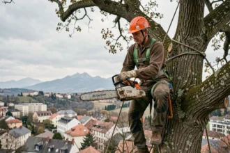 Élagueur professionnel en hauteur dans un arbre à Pau avec équipement de sécurité complet
