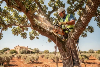 Élagueur professionnel en hauteur dans un arbre avec harnais et tronçonneuse lors d'une intervention dans le Tarn